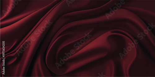 A smooth red silk and satin fabric background featuring flowing waves of shiny luxury textile material with elegant curves and a soft velvet texture for a decorative backdrop