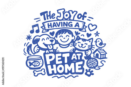 The Joy of Having a Pet at Home Hand Drawn Doodle Illustration with Boy and Pets