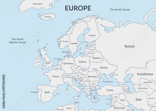 Detailed political map of the European countries and nearby regions. Vector flat background.