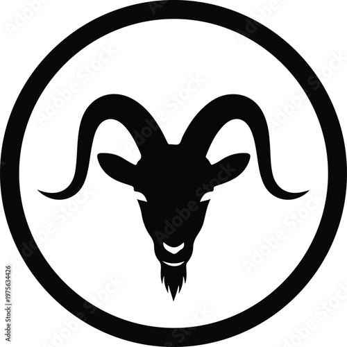 Minimalist Black Goat Head Silhouette Icon in Circular Frame