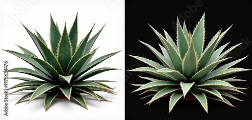 Agave plant with sharp spiky leaves. This succulent plant has green fleshy leaves with light edges. The agave tree grows in dry desert climates. It is a drought tolerant plant.