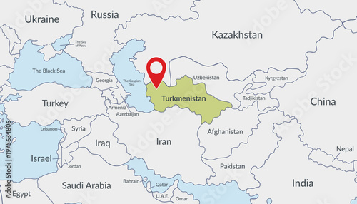 Turkmenistan on a political map with location marker3. Travel concept. Vector flat template.