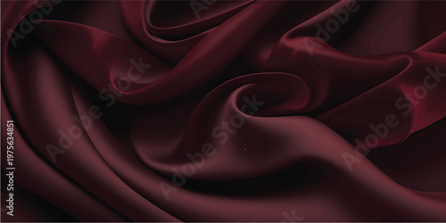 Luxury burgundy silk fabric with velvet texture and elegant flowing waves. Rich crimson material draped for fashion or interior design. Smooth satin surface with deep red color and soft shadows.