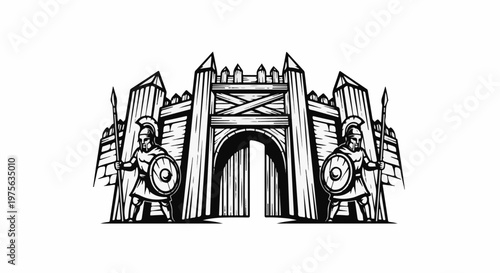 Ancient fortress gate with guards, black and white illustration