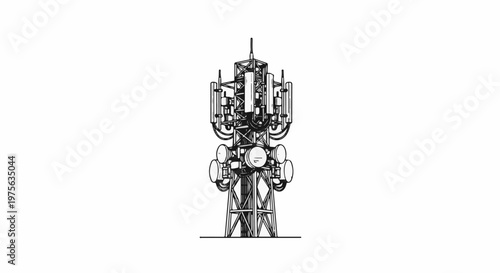 Black and white illustration of a large telecommunication tower with antennas