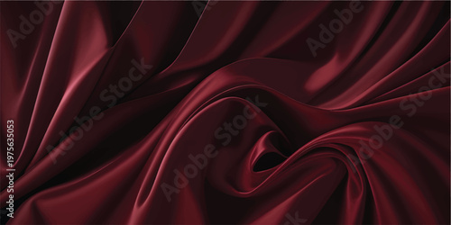 Luxury burgundy silk fabric with velvet texture and elegant flowing waves. Rich crimson material draped for fashion or interior design. Smooth satin surface with deep red color and soft shadows.
