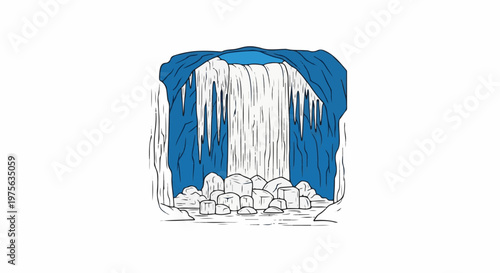 Blue icy cave with cascading water and scattered rocks