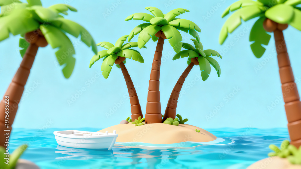 Obraz premium 3D Cartoon Palm Island · Island Boat Scene