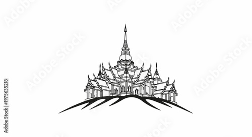Ornate temple silhouette atop a stylized hill with sharp shadow lines