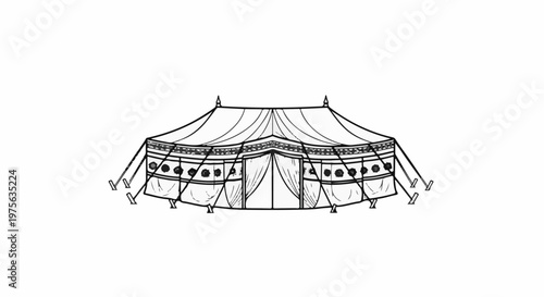 Ornate tent with peaked roof, draped entry, and decorative side panels