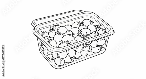 Plastic container filled with ripe, fresh cherry tomatoes, ready for sale
