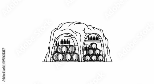 Rustic stone cellar storage with stacked barrels and rows of bottles