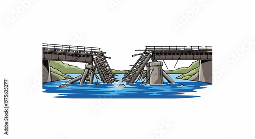 A collapsed railway bridge lies broken over a blue river, with green hills in the background