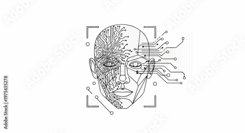 A human face merged with intricate electronic circuitry and digital connections
