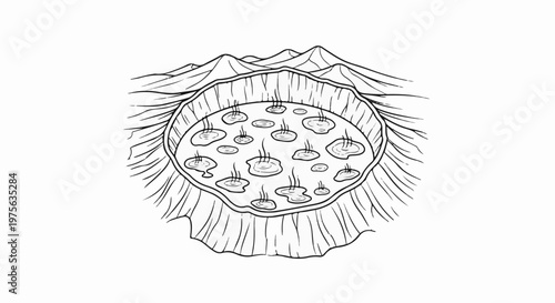 A crater lake with steam rising from pools, framed by mountains