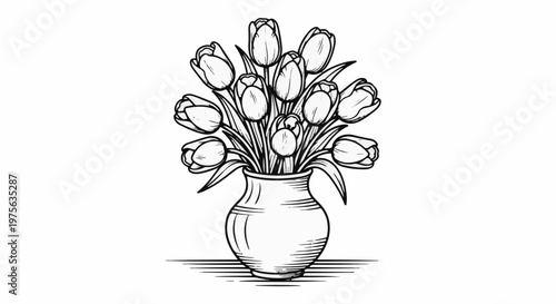 Sketch of a vase overflowing with blooming tulips