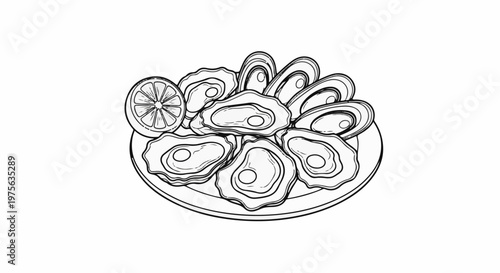 A detailed black and white illustration of a plate filled with fresh oysters and a lemon wedge
