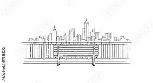 A sketch of a city skyline viewed from a bench on a promenade