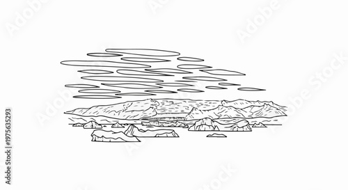 Sketch of an icy landscape with icebergs and mountains under a cloudy sky