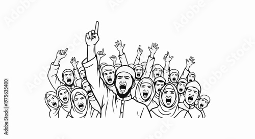 A diverse crowd of people in religious headwear shouting in unison, gesturing fervently