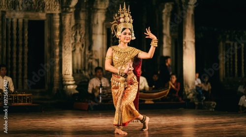 Elegant Apsara Dancer Performing Traditional Cambodian Dance on Stage.