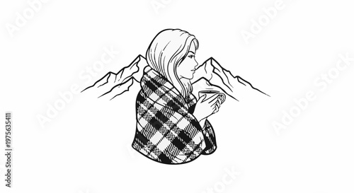 Woman wrapped in plaid blanket holding a mug with mountains behind her