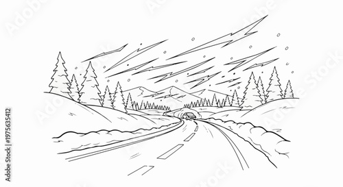 A snowy road winds through a mountainous landscape towards a tunnel