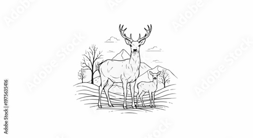 A striking illustration depicts a majestic buck and a fawn in a serene winter landscape