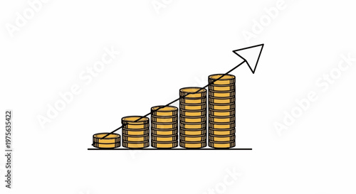 Stacks of golden coins with an upward-pointing arrow indicating growth
