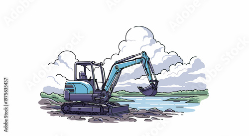A light blue excavator sits idle on a muddy bank next to a calm body of water