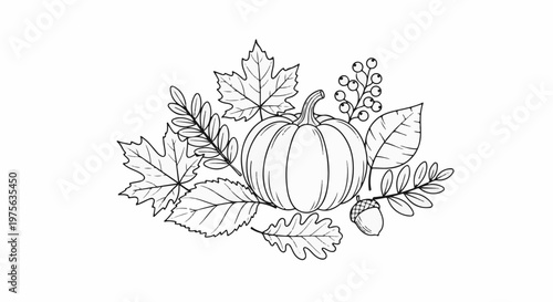 A line drawing of a pumpkin with autumn leaves and berries