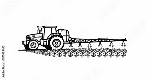 A line drawing of a tractor spraying crops in a field