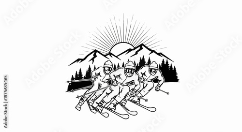 Three skiers in racing gear descend a snowy slope with mountains and sunburst