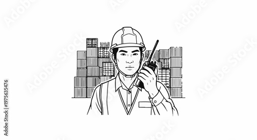A man in a hard hat holds a walkie-talkie, with stacks of cargo containers behind him