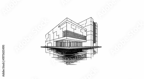 A stylized architectural sketch of a modern building on a white background