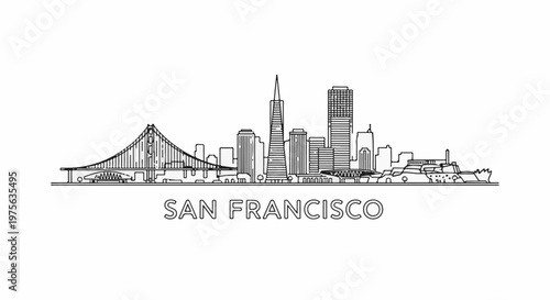 A minimalist line art depicts San Francisco's iconic skyline and bridge