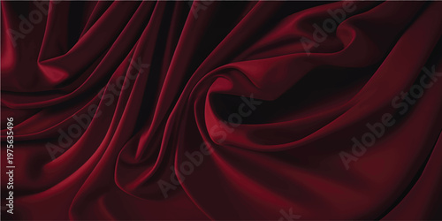 Luxurious red silk and satin fabric background featuring smooth flowing waves of shiny textile material with soft curves for a premium luxury backdrop design