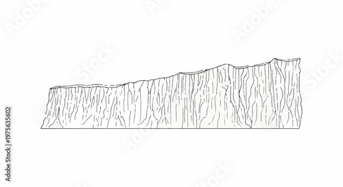 Stark black and white sketch of a towering cliff face with textured vertical lines