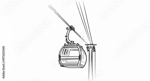 A sketch of a ski lift gondola suspended from cables over a pole