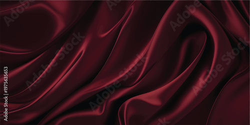 Luxurious red silk and satin fabric background featuring smooth flowing waves of soft textile texture with elegant curves and light patterns for a decorative luxury cloth backdrop illustration