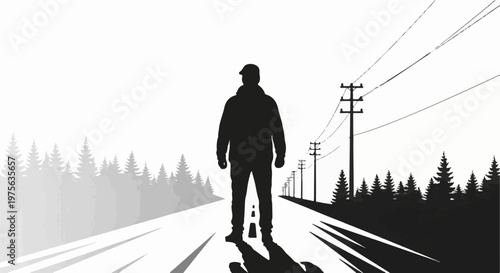 A solitary figure stands on a vast, empty road, flanked by trees and power lines