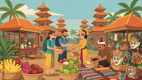 Tourists Shopping at Colorful Balinese Traditional Market with Local Vendors