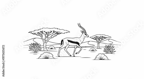 Black and white illustration of a gazelle walking through a savanna landscape