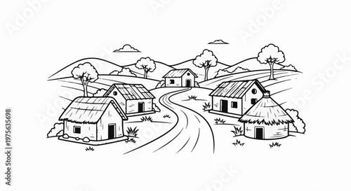 Rural village with winding path and thatched roof homes under rolling hills