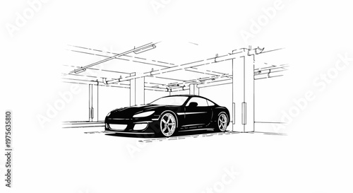 Black sports car parked inside a dimly lit, industrial-style garage with overhead fixtures