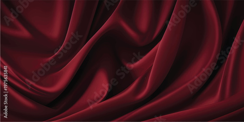 Luxurious flowing red silk fabric with elegant folds and smooth glossy ripples creating a soft textile background