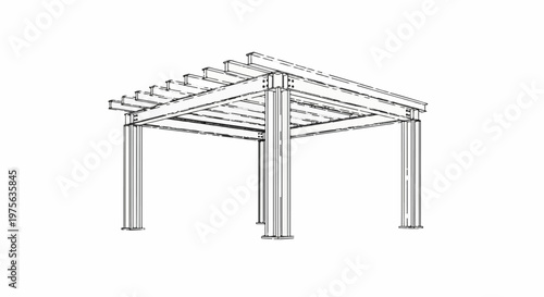 Detailed blueprint drawing of a modern steel pergola structure with I-beam supports