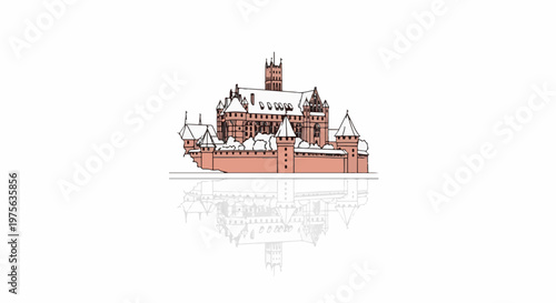 Detailed illustration of a large, multi-turreted castle with snow on its roofs