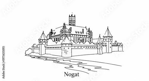 Medieval fortress with towers, walls, and a river in a sketch