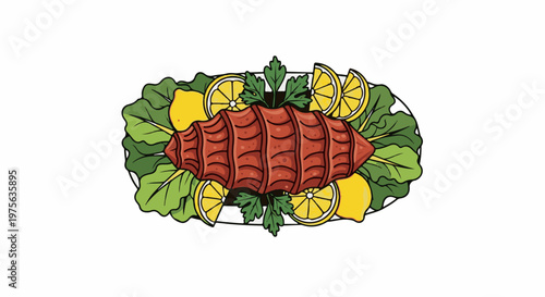 Grilled sausage with lemon slices and green garnish on a platter